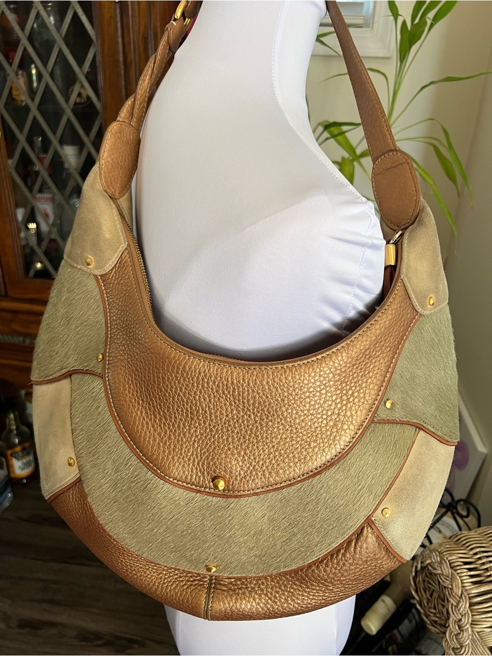 Cole Haan RARE Vintage Goldfish Patchwork Calf Hair Suede Leather Hobo Bronze